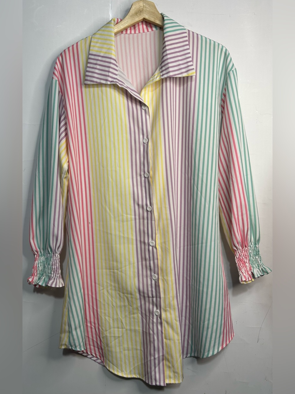Multi-Color Vertical Striped Button-Front Tunic Shirt Large